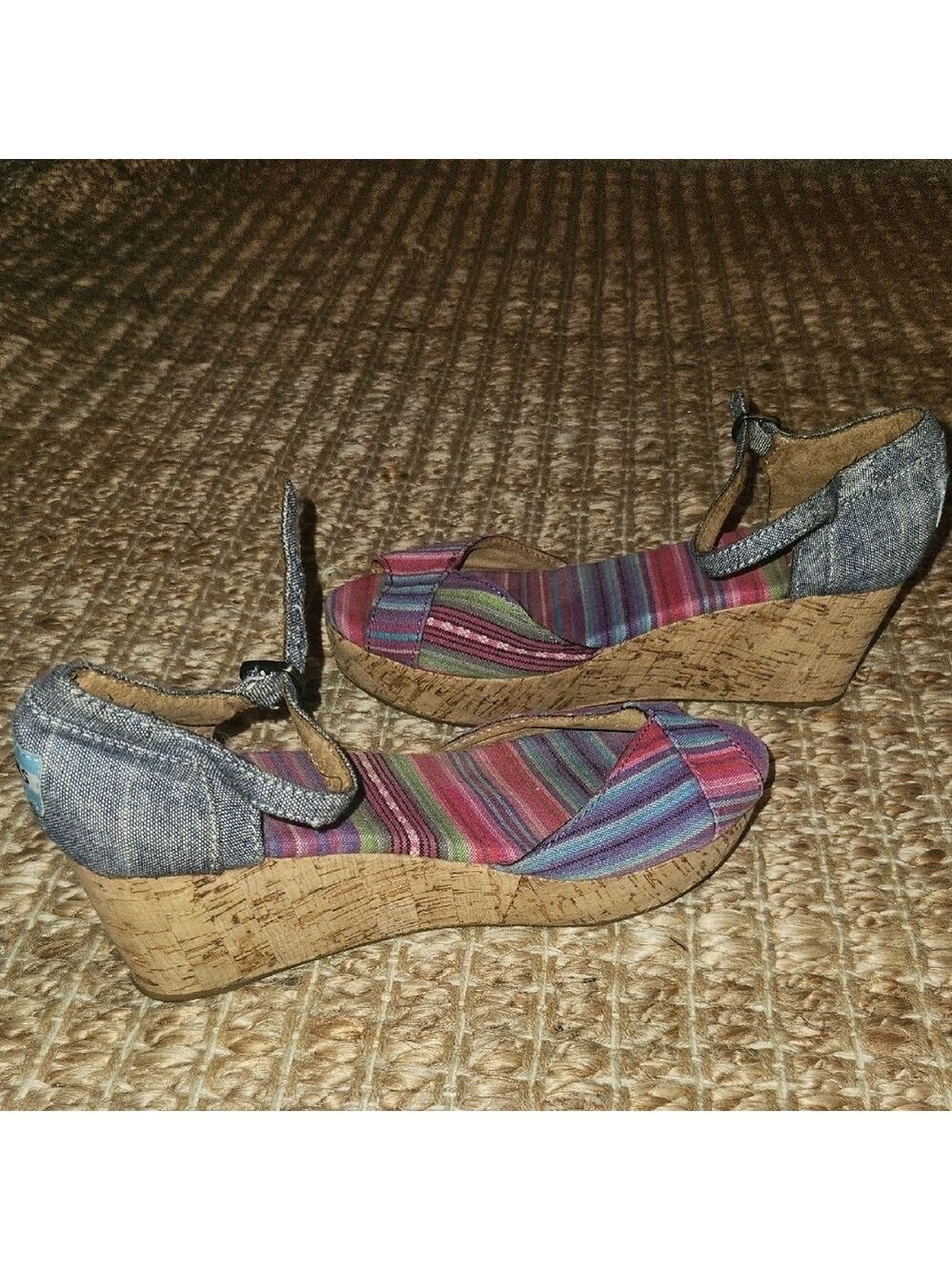 Toms Jean And Striped Multicolor Cork Wedge Espiadrelle Sandals Comfy Vacation
